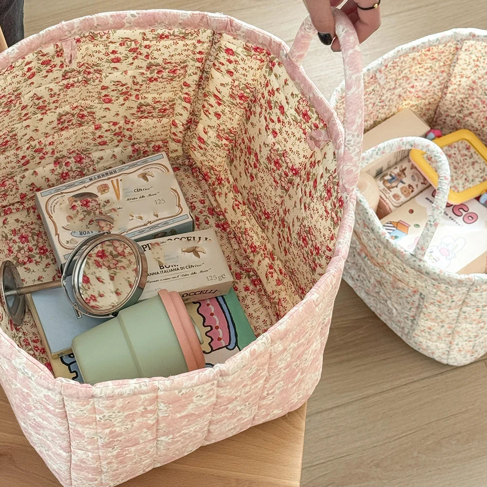 Quilted Cotton Storage Basket with Handles, Floral Tote Basket for Halloween Candy, Toys & Blankets, 9 Patterns, 12.6in