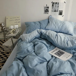 Washed Cotton Bedding Set of 4, Soft Duvet Cover, Sheet & Pillowcases, Solid Color, 14 Colors, 5 Sizes