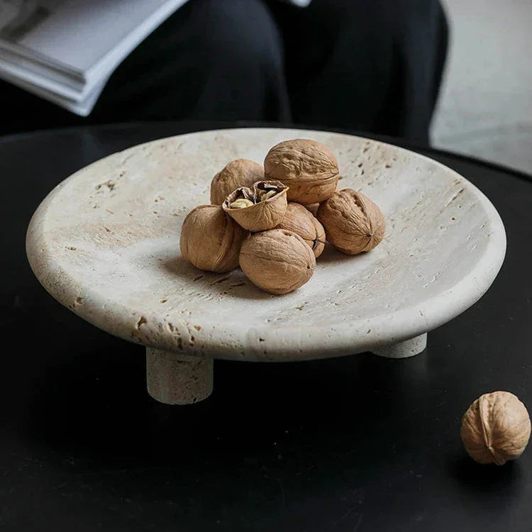 Travertine Footed Tray, Stone Coffee Table Tray with Three Legs, 9.6in