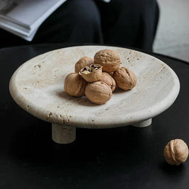 Travertine Footed Tray, Stone Coffee Table Tray with Three Legs, 9.6in