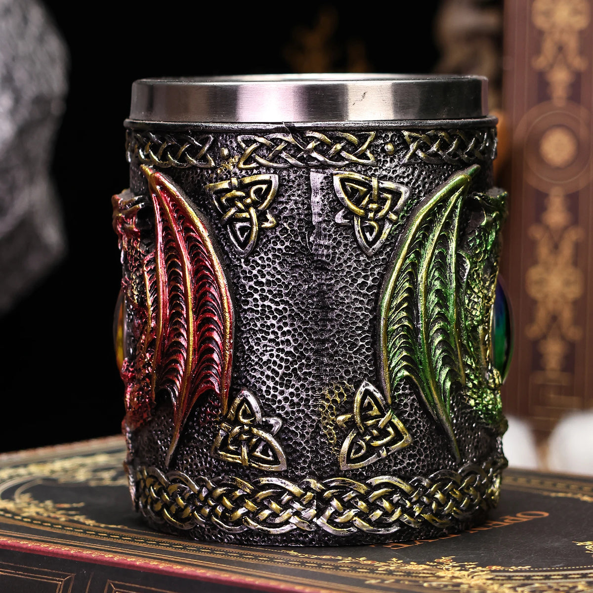 Pack of 3 Medieval Dragon Tankard, Resin Beer Stein with Stainless Steel Liner, Gothic Skull & Dragon Eye Mug, 4 Styles, 15oz, 5.5in