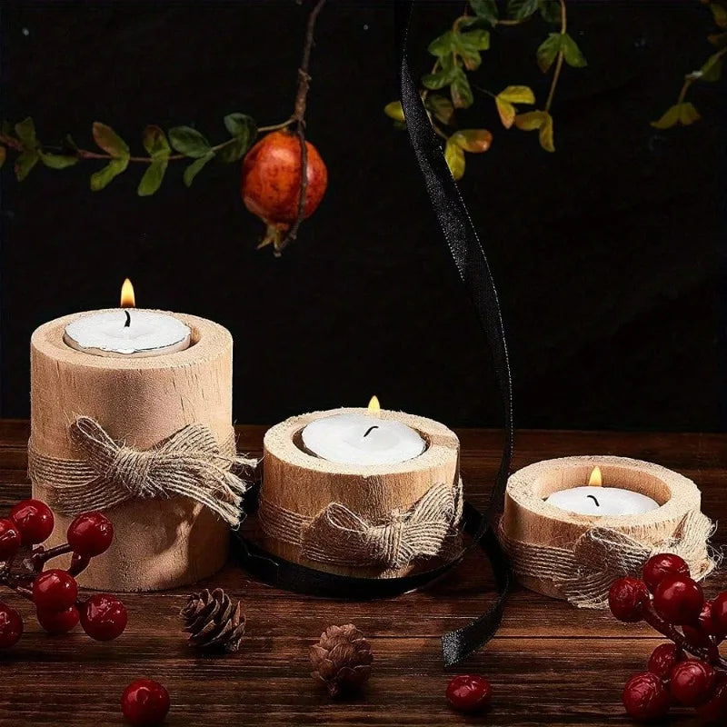 Pack of 9 Wooden Log Tealight Holders, Rustic Candle Holder Set for Fall Table & Mantel, Natural Bark or Jute Bow, Set of 3, 1-2.8in