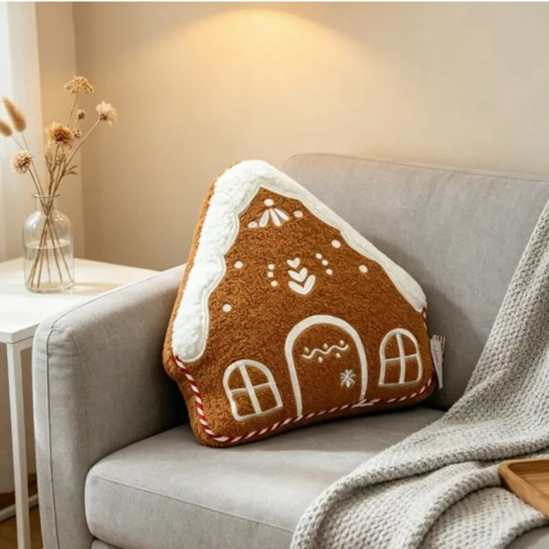 Gingerbread Pillow, House Shaped Christmas Throw Pillow, Embroidered, 12in