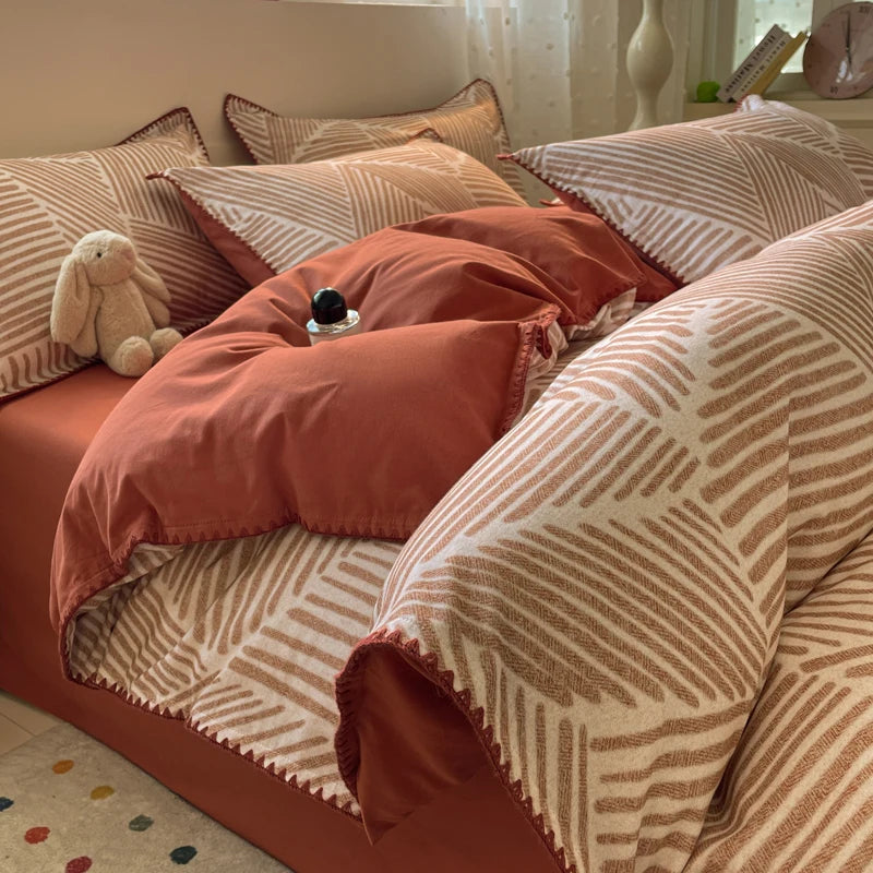 Washed Cotton Bedding Set of 4 with Duvet Cover, Flat Sheet & 2 Pillowcases, 100% Cotton, Brushed Finish, 12 Designs, 3 Sizes