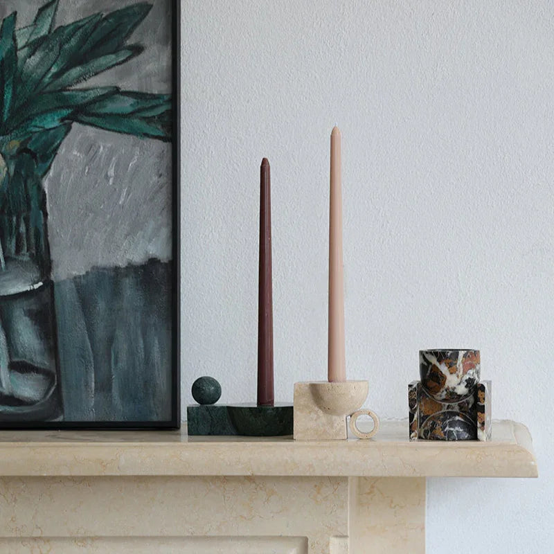 Marble Taper Candle Holder, Sculpted Stone Candlestick, 3.9-5.7in, 3 Styles