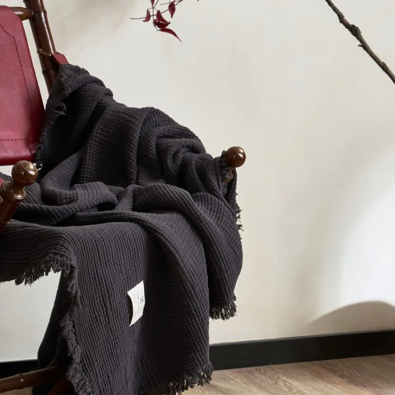 Four Layer Cotton Gauze Blanket with Tassels, Breathable Sofa Throw & Bed Blanket, 100% Cotton, 7 Colors, 2 Sizes