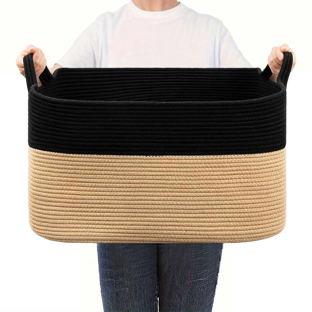 Large Woven Rope Storage Basket with Handles, Laundry, Blanket & Toy Basket, Halloween Candy Bin, 6 Colors, 19 x 13.4in