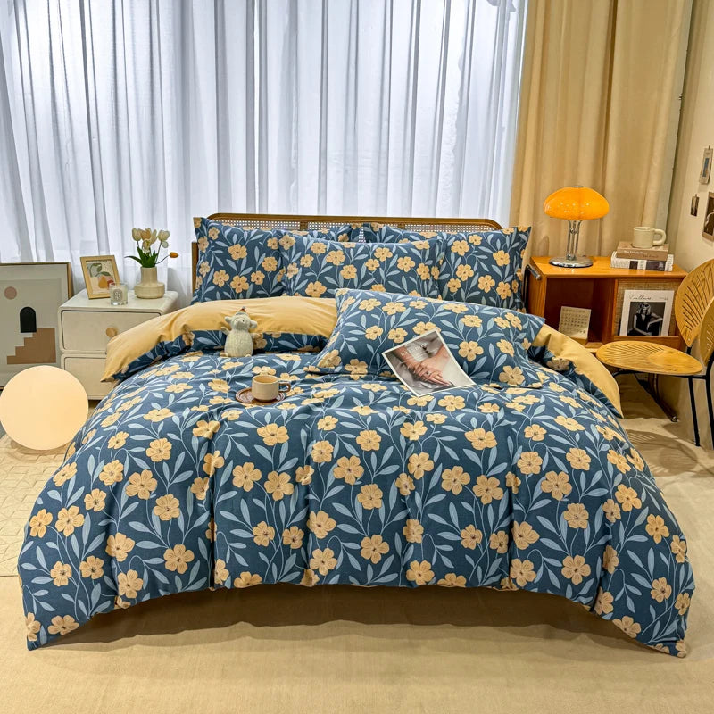 Retro Print Bedding Set of 4 with Duvet Cover, Flat Sheet & 2 Pillowcases, 100% Cotton, Brushed Finish, 23 Designs, 2 Sizes