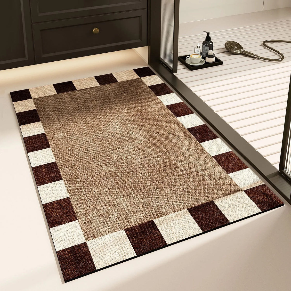 Checkerboard Bath Mat in Geometric Check, Minimalist Bathroom & Entryway Mat, Non Slip Absorbent, 8 Colors, 16x24in