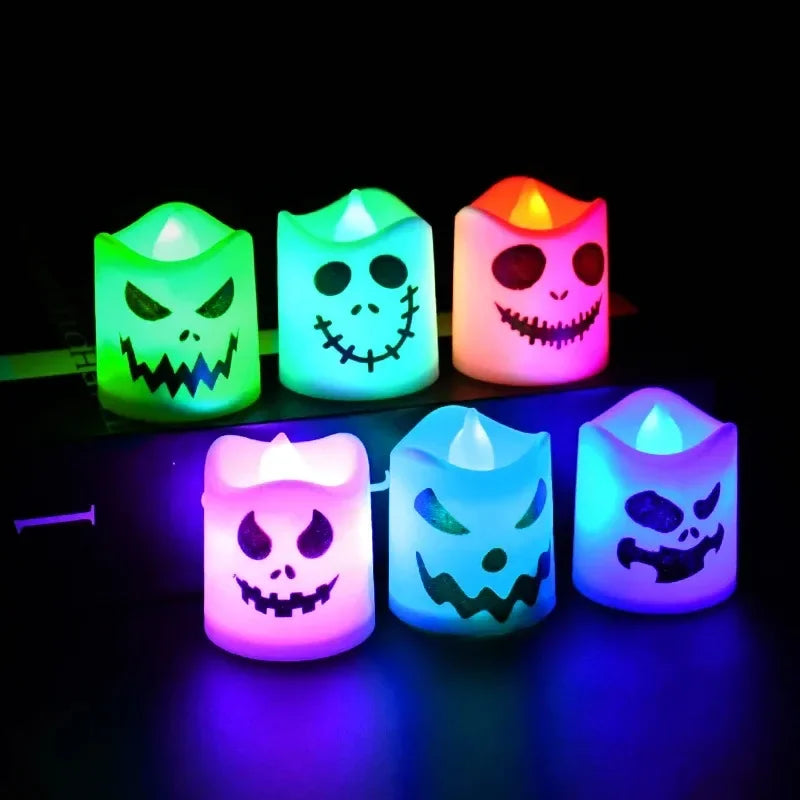 Color Changing LED Tealight Candles, Halloween Flameless Candles with Spooky Ghost Faces, Battery Operated, Set of 6, 1.8in
