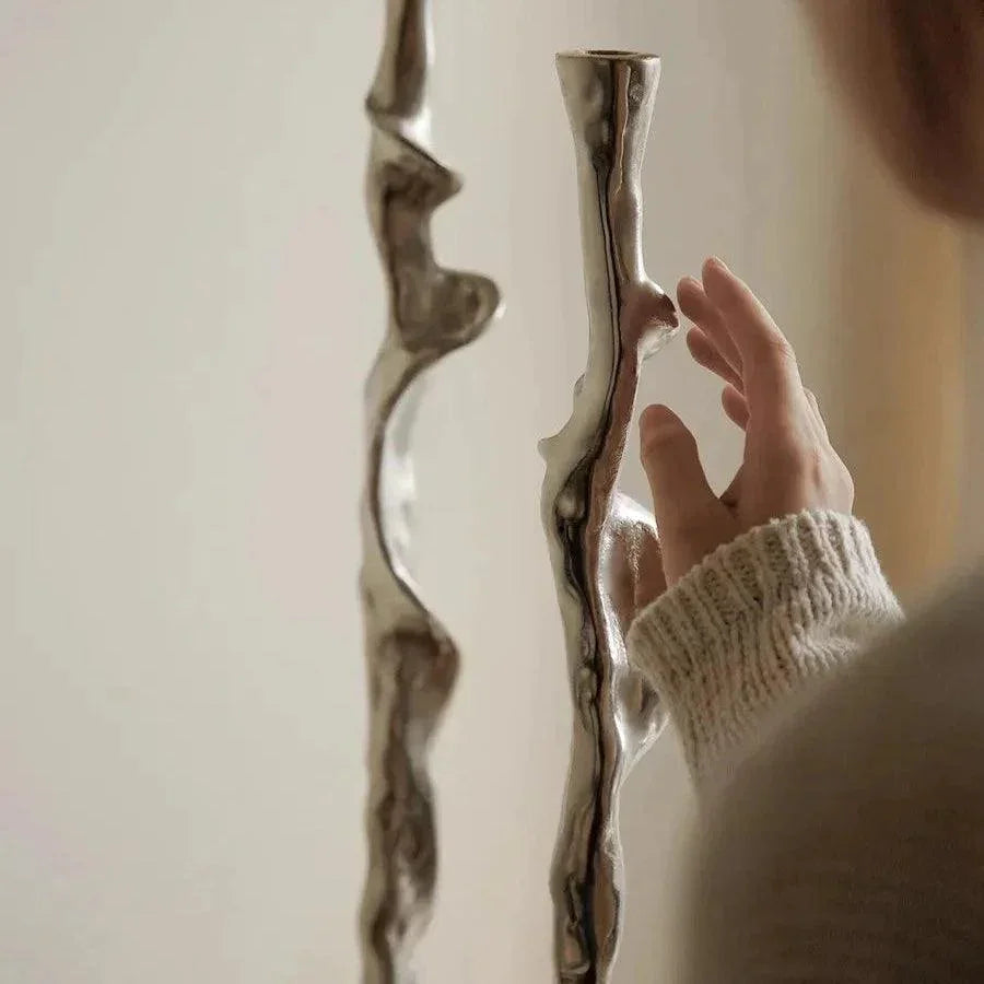 Aluminum Candle Holder, Sculptural Modern Candlestick, Silver, 21-24in