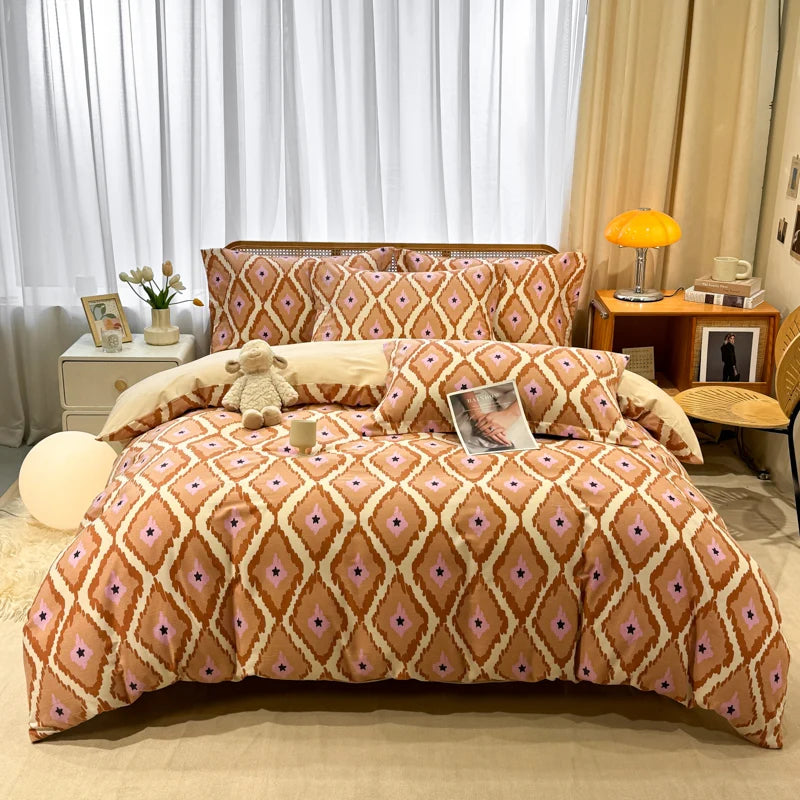 Retro Print Bedding Set of 4 with Duvet Cover, Flat Sheet & 2 Pillowcases, 100% Cotton, Brushed Finish, 23 Designs, 2 Sizes