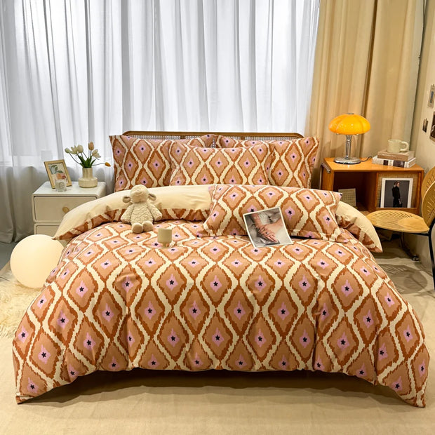 Retro Print Bedding Set of 4 with Duvet Cover, Flat Sheet & 2 Pillowcases, 100% Cotton, Brushed Finish, 23 Designs, 2 Sizes
