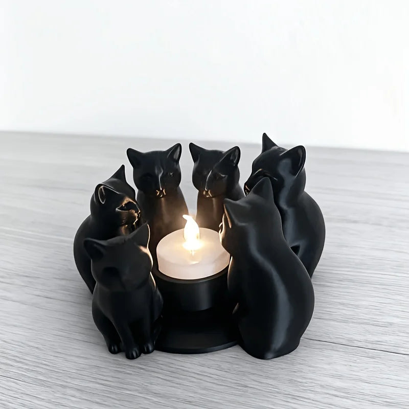 Pack of 3 Black Cat Tealight Holders, Halloween Candle Holder & Table Centerpiece, Ring of Sitting Cats, Matte Black, 5in