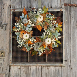 Pack of 2 Farmhouse Fall Wreaths, Artificial Autumn Wreath with White Pumpkins, Berries & Maple Leaves for Front Door, 3 Sizes, 13.8-17.7in