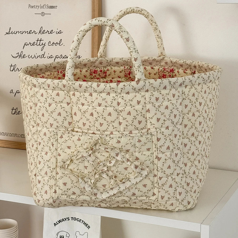 Quilted Cotton Storage Basket with Handles, Floral Tote Basket for Halloween Candy, Toys & Blankets, 9 Patterns, 12.6in