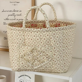 Quilted Cotton Storage Basket with Handles, Floral Tote Basket for Halloween Candy, Toys & Blankets, 9 Patterns, 12.6in