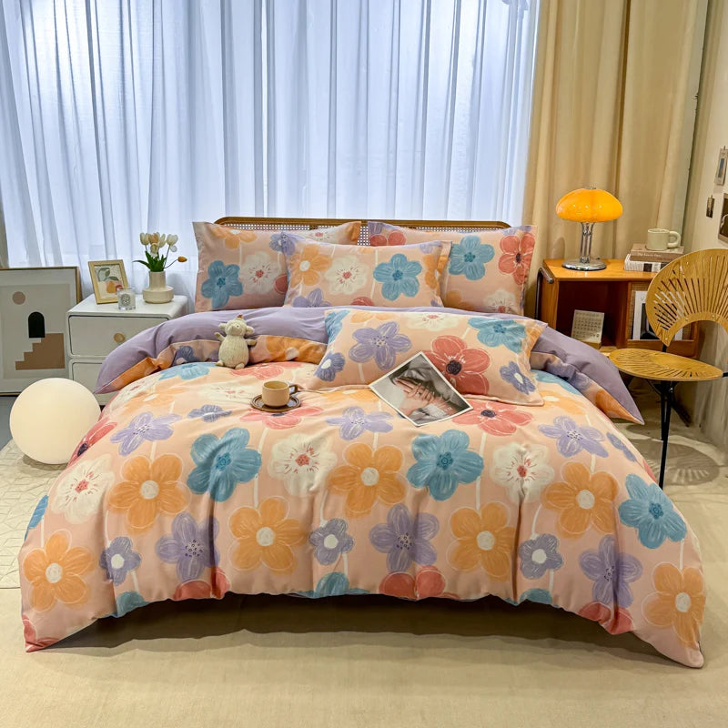 Retro Print Bedding Set of 4 with Duvet Cover, Flat Sheet & 2 Pillowcases, 100% Cotton, Brushed Finish, 23 Designs, 2 Sizes