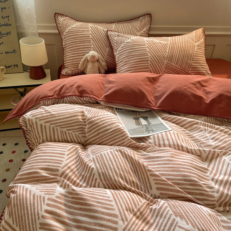 Washed Cotton Bedding Set of 4 with Duvet Cover, Flat Sheet & 2 Pillowcases, 100% Cotton, Brushed Finish, 12 Designs, 3 Sizes