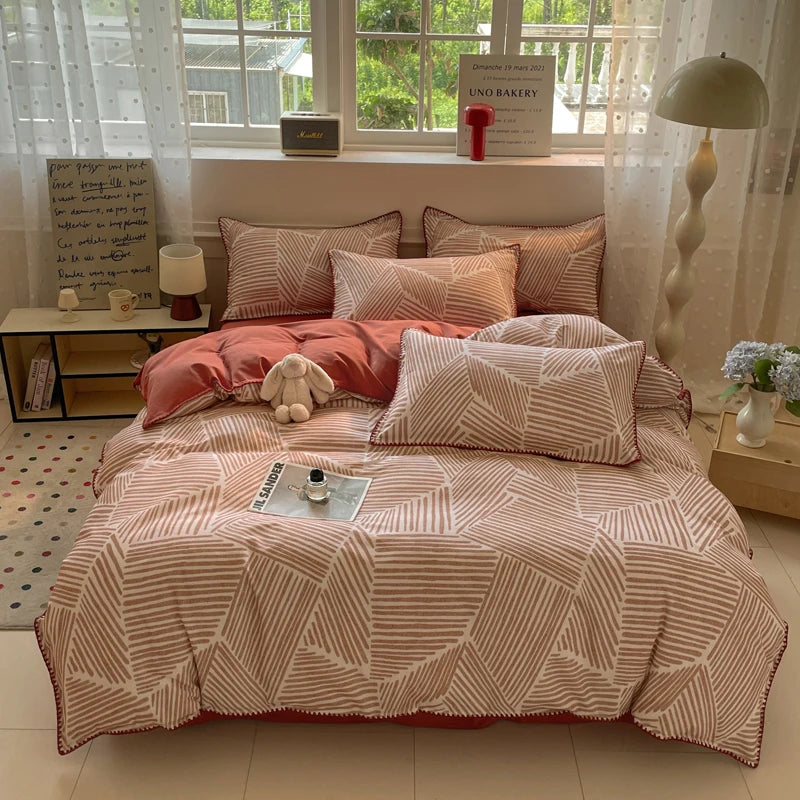 Washed Cotton Bedding Set of 4 with Duvet Cover, Flat Sheet & 2 Pillowcases, 100% Cotton, Brushed Finish, 12 Designs, 3 Sizes