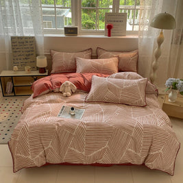 Washed Cotton Bedding Set of 4 with Duvet Cover, Flat Sheet & 2 Pillowcases, 100% Cotton, Brushed Finish, 12 Designs, 3 Sizes