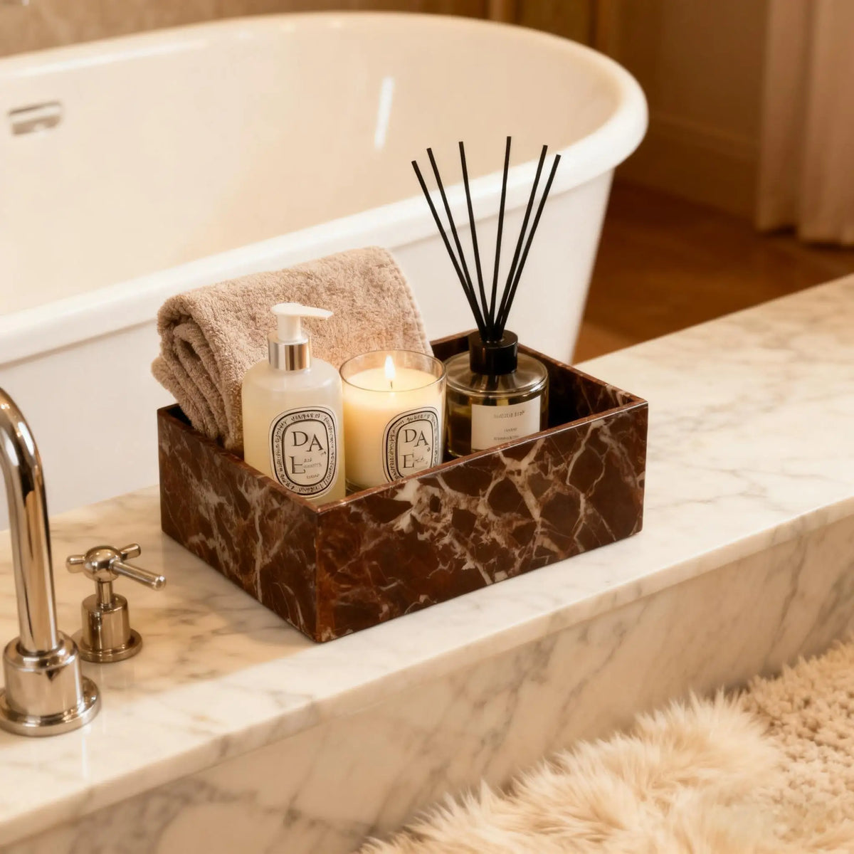 Cotton Swab Holder, Marble Look Bathroom Vanity Storage Box, Acrylic, 7.9in