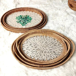 Rattan Serving Tray with Handles, Shell Inlay Coastal Tray, 2 Designs, 13in