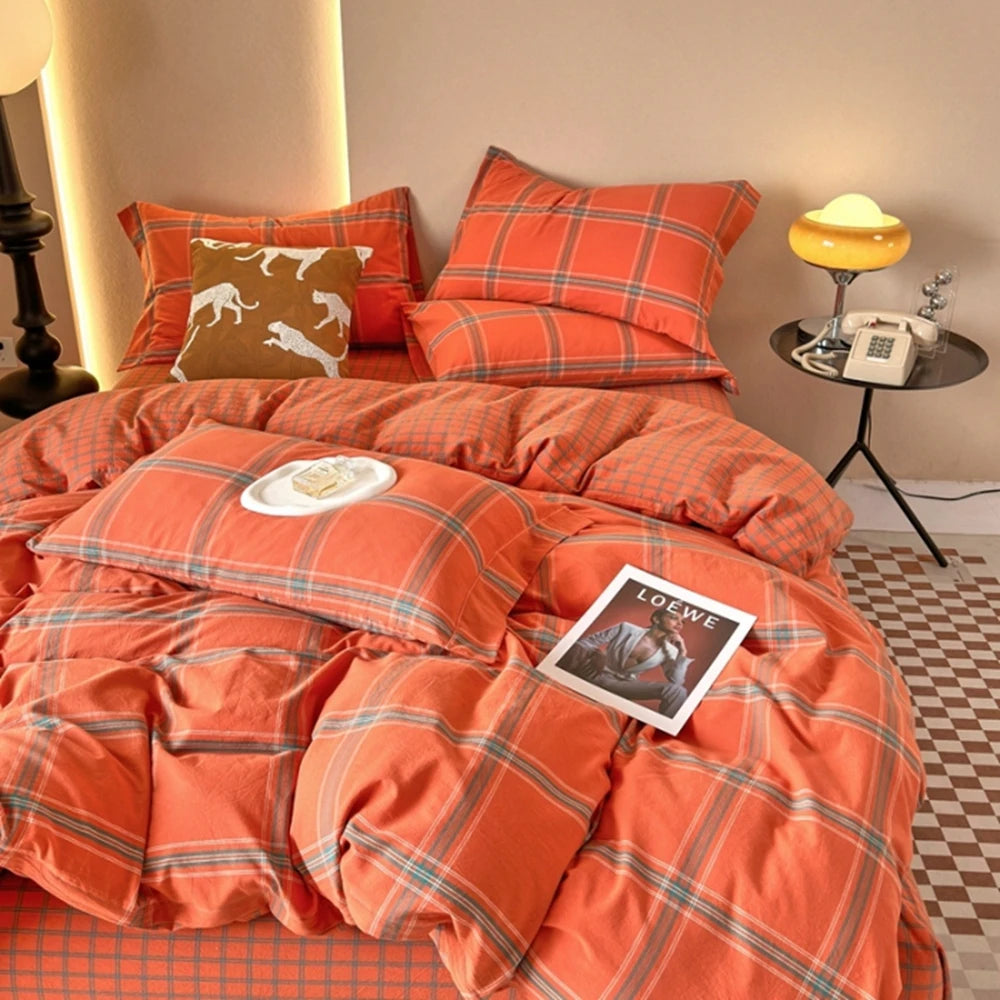 Plaid & Gingham Duvet Cover Set with 2 Pillowcases, 100% Cotton Bedding, 200 Thread Count, No Filling, 16 Colors, 4 Sizes