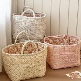 Quilted Cotton Storage Basket with Handles, Floral Tote Basket for Halloween Candy, Toys & Blankets, 9 Patterns, 12.6in