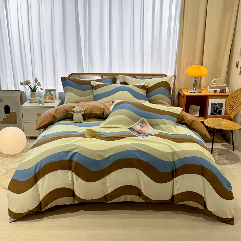 Retro Print Bedding Set of 4 with Duvet Cover, Flat Sheet & 2 Pillowcases, 100% Cotton, Brushed Finish, 23 Designs, 2 Sizes