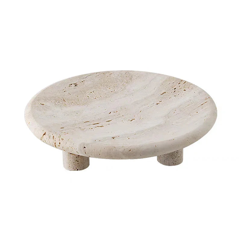 Travertine Footed Tray, Stone Coffee Table Tray with Three Legs, 9.6in