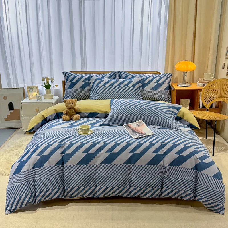 Retro Print Bedding Set of 4 with Duvet Cover, Flat Sheet & 2 Pillowcases, 100% Cotton, Brushed Finish, 23 Designs, 2 Sizes