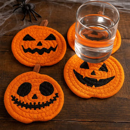 Halloween Coasters, Handwoven Cotton Pumpkin Coasters with Jack-o'-Lantern Faces, Absorbent Drink Coasters, Set of 8