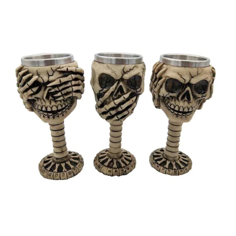 Pack of 3 3D Skull Mug & Goblet, Halloween Resin Skull Cup with Stainless Steel Liner, Gothic Bar & Party Drinkware, 9 Styles, 180-500ml