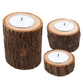 Pack of 9 Wooden Log Tealight Holders, Rustic Candle Holder Set for Fall Table & Mantel, Natural Bark or Jute Bow, Set of 3, 1-2.8in