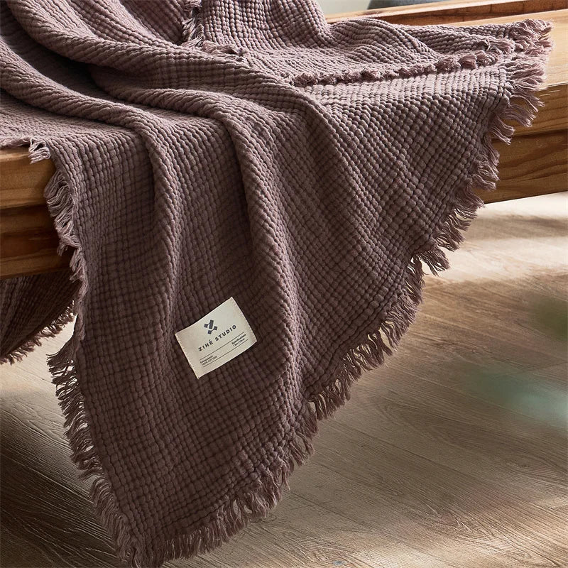 Four Layer Cotton Gauze Blanket with Tassels, Breathable Sofa Throw & Bed Blanket, 100% Cotton, 7 Colors, 2 Sizes