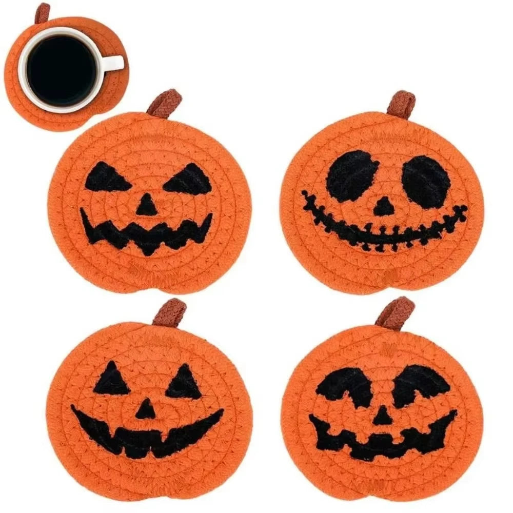 Halloween Coasters, Handwoven Cotton Pumpkin Coasters with Jack-o'-Lantern Faces, Absorbent Drink Coasters, Set of 8