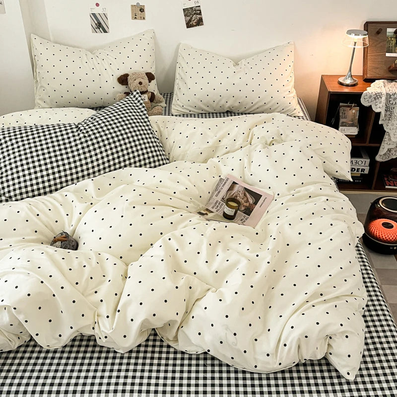 Double Sided Bedding Set with Sheet & Pillowcases, Reversible Plaid & Gingham Duvet Cover Set, 6 Designs, 6 Sizes