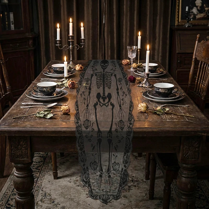 Halloween Table Runner, Black Lace Skeleton & Rose Gothic Table Decor, Coffin Shape with Scalloped Edge, 23.6 x 72in