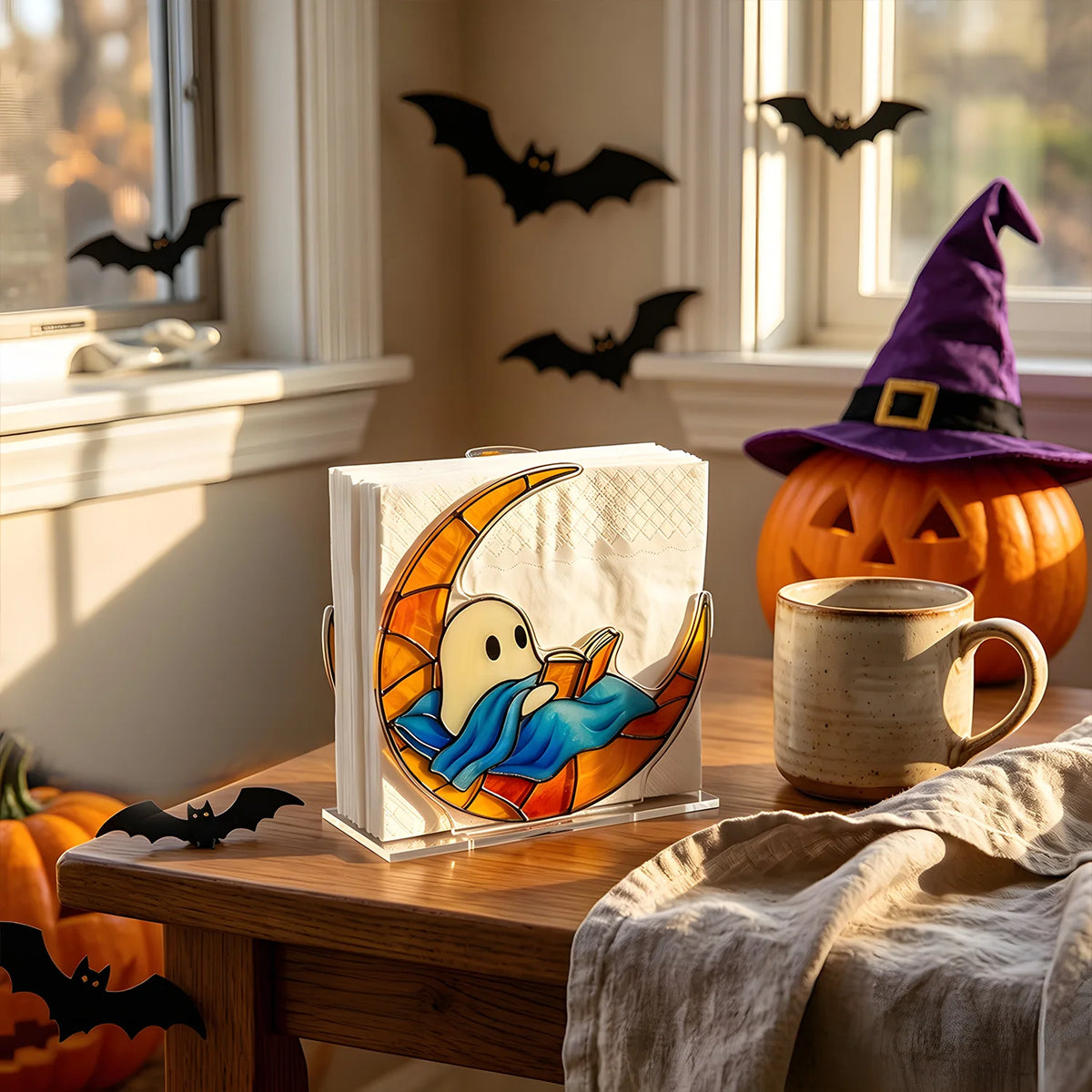 Pack of 6 Halloween Napkin Holder,s Printed Acrylic Ghost Design with Stained-Glass Look for Kitchen & Dining Table, 4 Designs, 4.7in