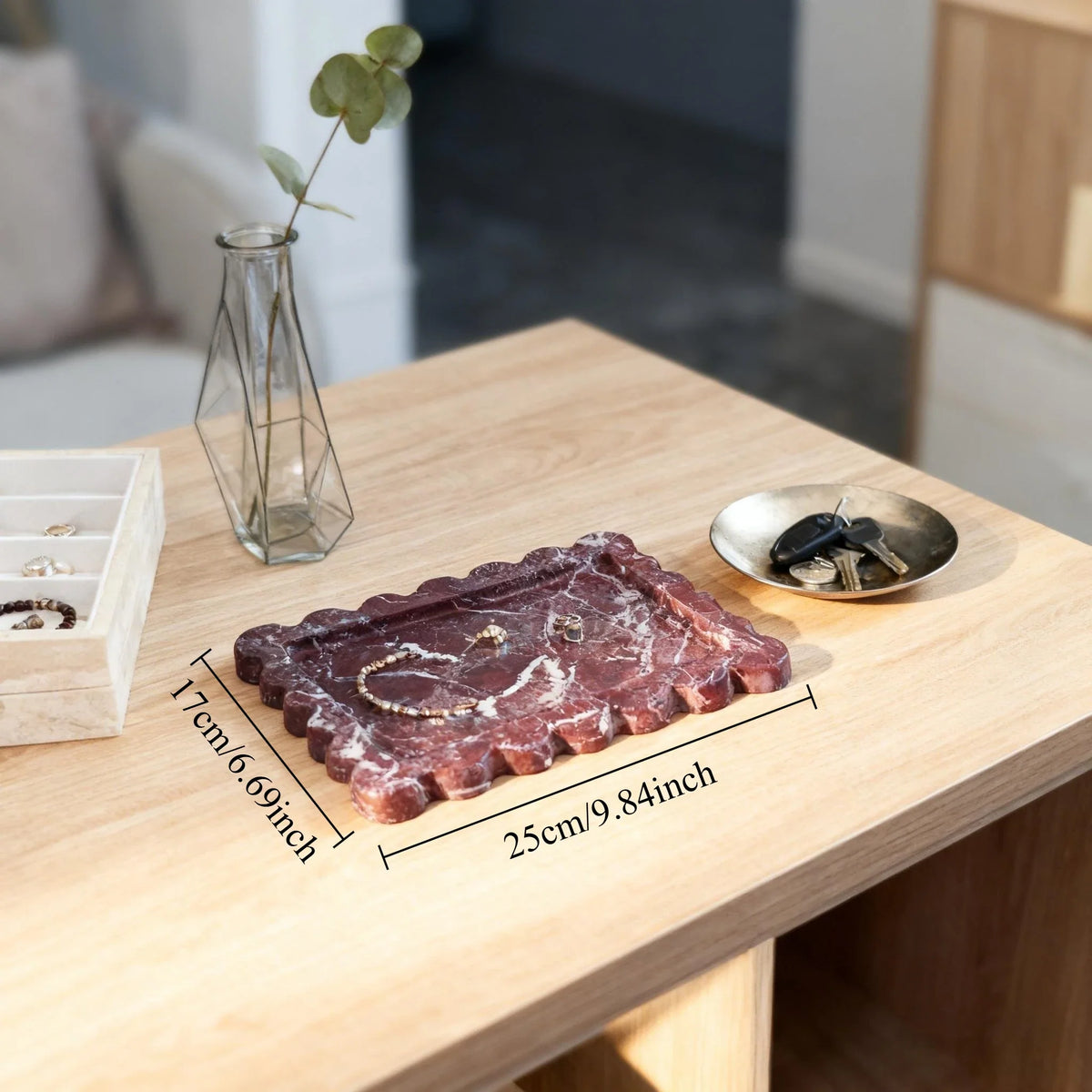 Scalloped Ceramic Vanity Tray, Purple Marble Look Perfume Tray, 9.8-11.8in