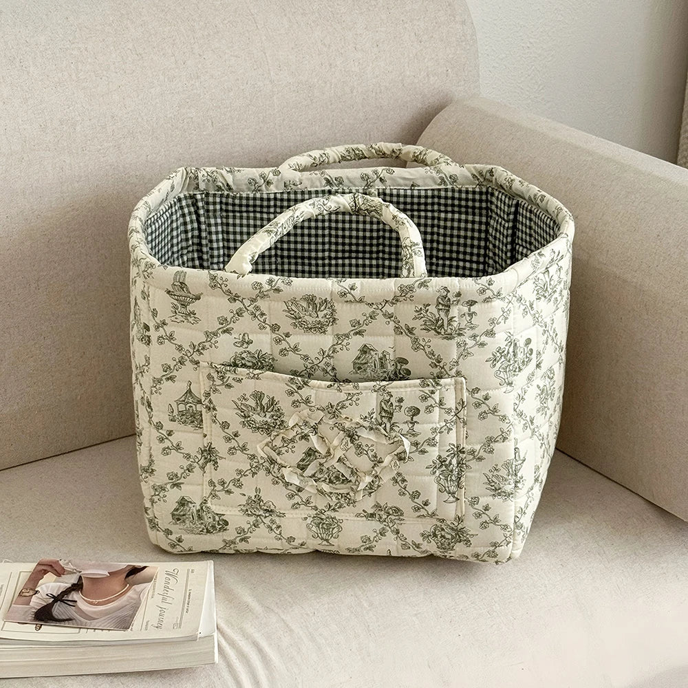 Quilted Cotton Storage Basket with Handles, Floral Tote Basket for Halloween Candy, Toys & Blankets, 9 Patterns, 12.6in