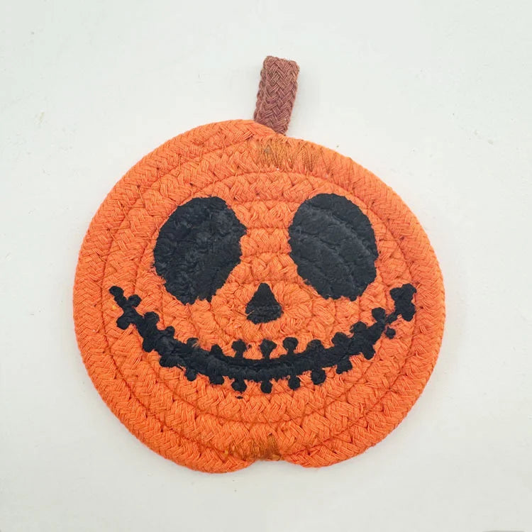 Halloween Coasters, Handwoven Cotton Pumpkin Coasters with Jack-o'-Lantern Faces, Absorbent Drink Coasters, Set of 8