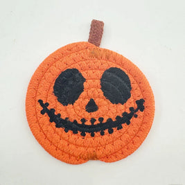 Halloween Coasters, Handwoven Cotton Pumpkin Coasters with Jack-o'-Lantern Faces, Absorbent Drink Coasters, Set of 8