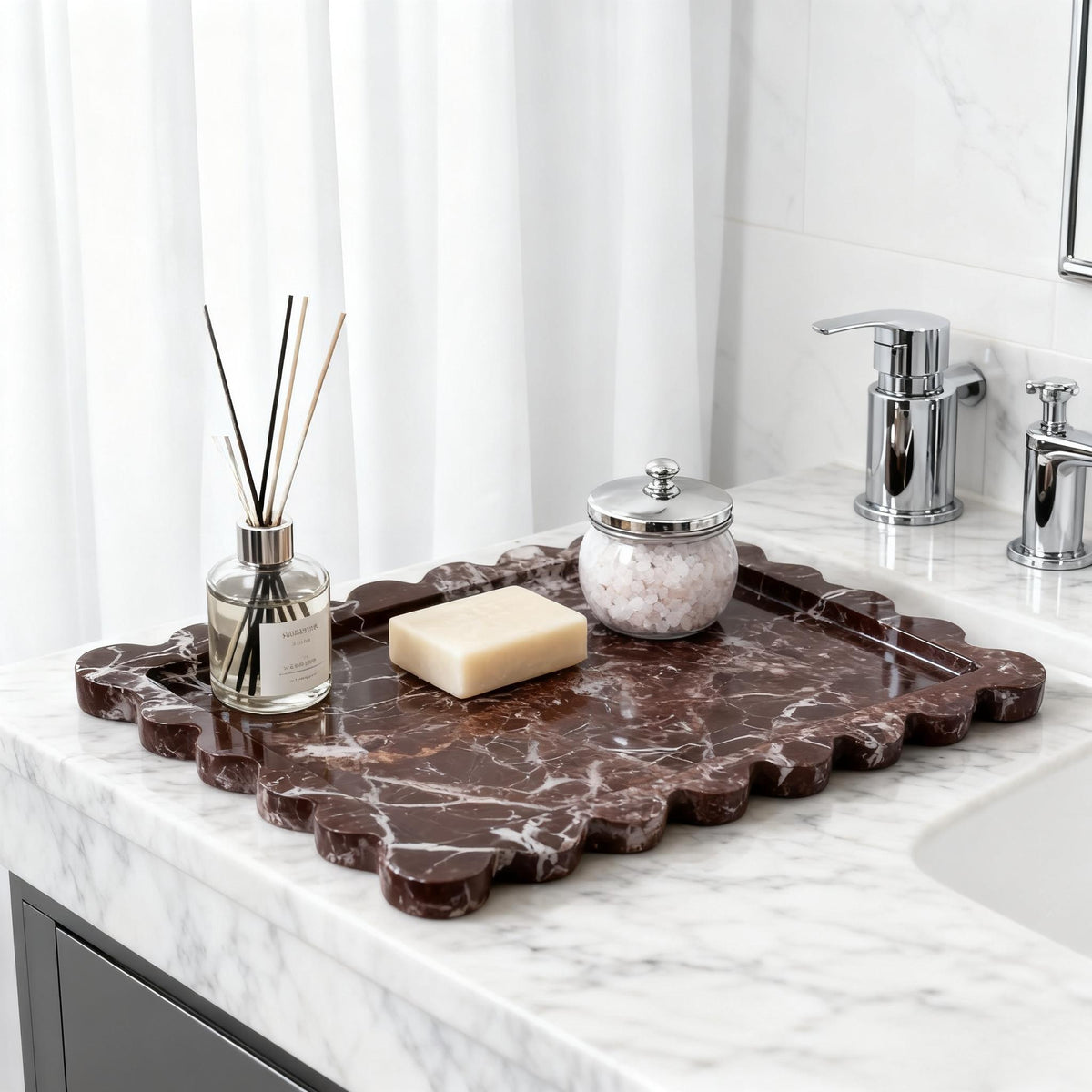 Scalloped Ceramic Vanity Tray, Purple Marble Look Perfume Tray, 9.8-11.8in
