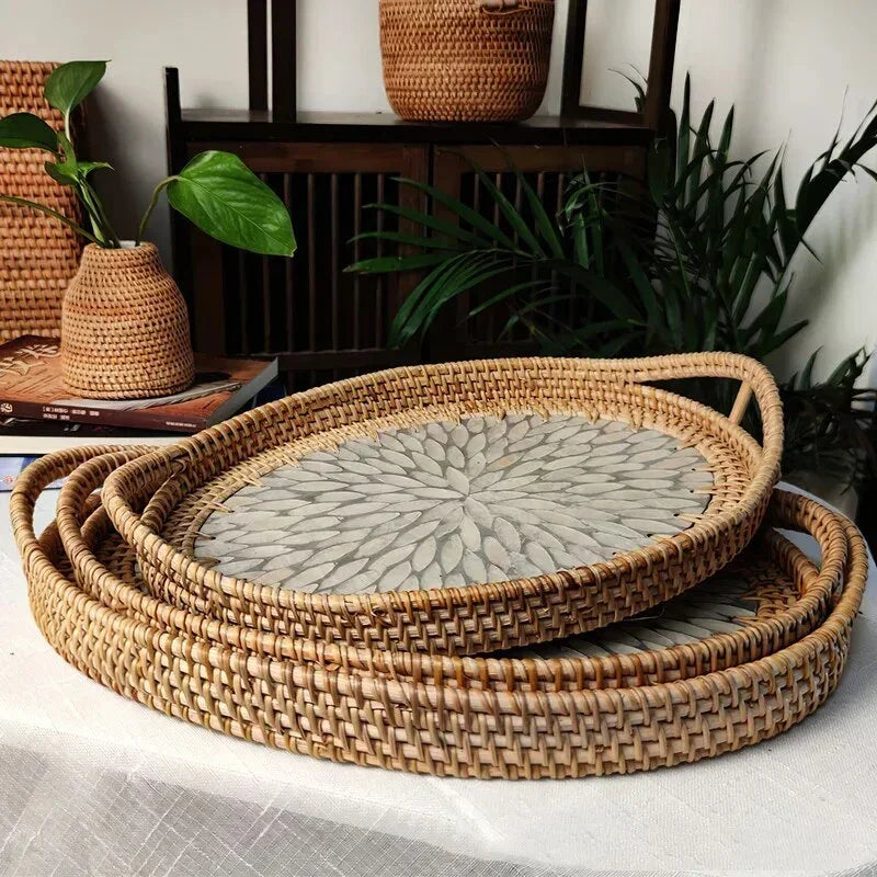 Rattan Serving Tray with Handles, Shell Inlay Coastal Tray, 2 Designs, 13in