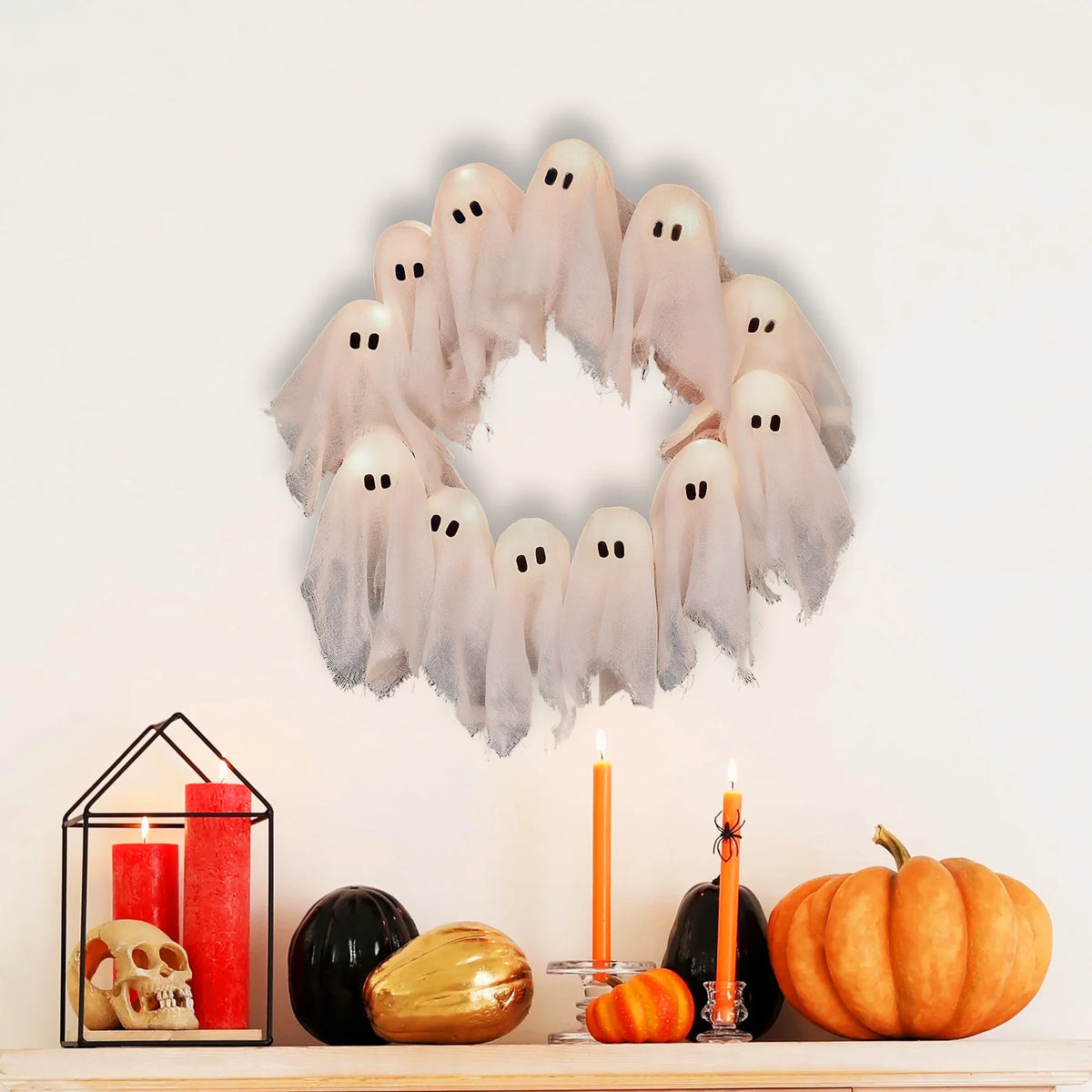 Pack of 3 Light Up Ghost Wreaths, Halloween Front Door Wreath with 12 LED Lights, Battery Operated Spooky Door Decor, 15.7in