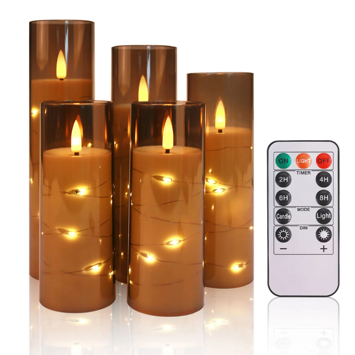 Flameless LED Pillar Candles with Remote, Flickering Battery Operated Candles with Star String Lights, Set of 5, 5.5-7.8in