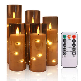 Flameless LED Pillar Candles with Remote, Flickering Battery Operated Candles with Star String Lights, Set of 5, 5.5-7.8in