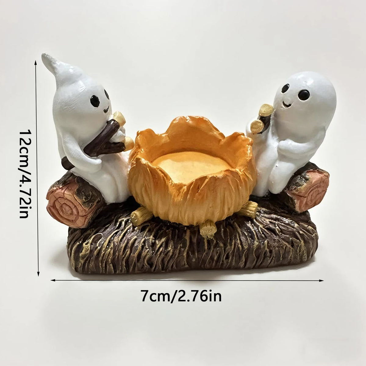 Pack of 3 Ghost Campfire Tealight Holders, Cute Halloween Candle Holder for Shelf & Table, Two Ghosts Roasting Marshmallows, Ceramic, 4.7in